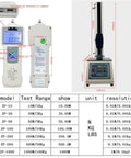 Slick Operation Electric Tensile Tester With Four Hundred Fifty Millimeter Stroke Digital Force Gauge with setup instructions and specifications.