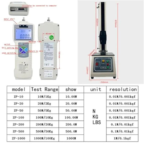 Slick Operation Electric Tensile Tester With Four Hundred Fifty Millimeter Stroke Digital Force Gauge with setup instructions and specifications.