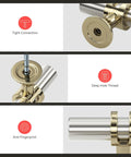 Close-up of silver gold knobs with tight connection, deep hole thread, and anti-fingerprint features for cabinets and drawers.
