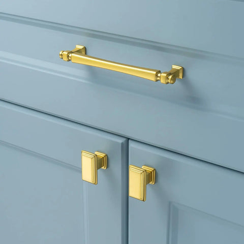 Top Shelf 5 Inch Brushed Gold Cabinet Pulls 10 Pack Sleek French Style Drawer Hardware For Kitchen And Bathroom on blue cabinets