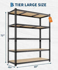 Heavy Duty Five Tier Metal Shelving Rack Featuring Reinforced Steel Frame And Durable Mdf Boards Holds Sixty Five Pounds Per Level, 72 inch tall.