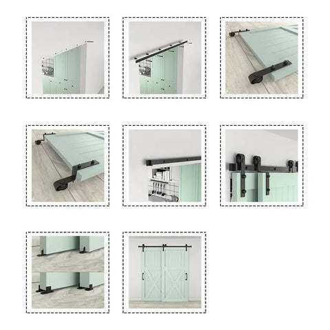Heavy Duty Bypass Barn Door Hardware Kit With Smooth Sliding Track System And Slick J Shaped Roller Rails For Double Doors Matte Black Finish installation view with green wooden doors.