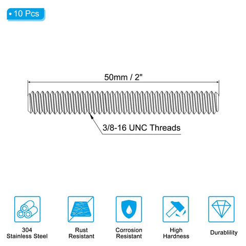 PATIKIL 3/8-16 UNC stainless steel fully threaded rod, 2-inch length, 10 pcs, right-hand threads