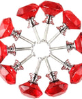 Showstopping Sparkling Diamond Shaped Crystal Glass Cabinet Knobs and 30mm Drawer Pulls with Red Accent Alloy Chrome Hardware to Slap Your Kitchen or Dresser Look Game Strong All Day, diamond-cut red crystal knobs.