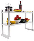 Heavy Duty Two Tier Stainless Steel Storage Rack And Adjustable Standing Shelf Unit Built Tough No Sweat Organization For Kitchen Restaurant Or Store Display Use Sleek Metal Frame with fruits and wine.