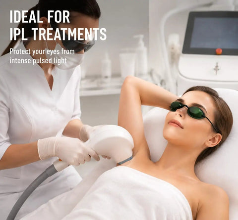Straight Up Heavy Duty Opt Ipl Laser Safety Goggles For Red Light Therapy And Photon Beauty Machines With Smooth Adjustable Fit And Reliable Green Lens To Lock Down Eye Protection During Any Skincare Routine being used during an IPL treatment session.