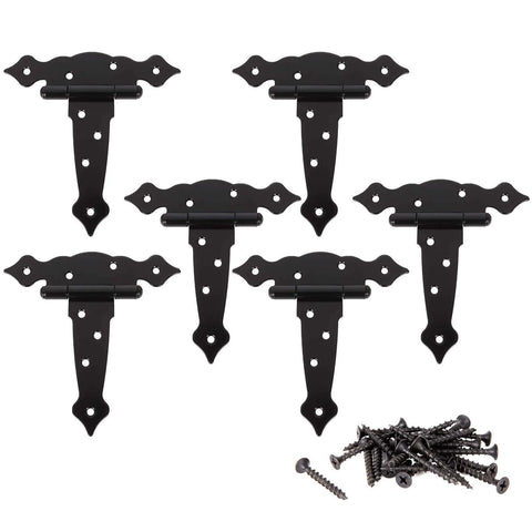 Six Pack Heavy Duty 5 Inch Gate Hinges Strap Hinges for Barn Doors with mounting screws, durable iron construction, black finish.