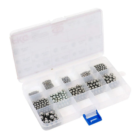Assorted Chrome Steel Bearing Balls Set With Smooth Rolling Action For Grease Monkey Repairs And Precision Hobby Builds In A Rock Solid 510 Piece Kit Ready To Roll in a clear organizer box.