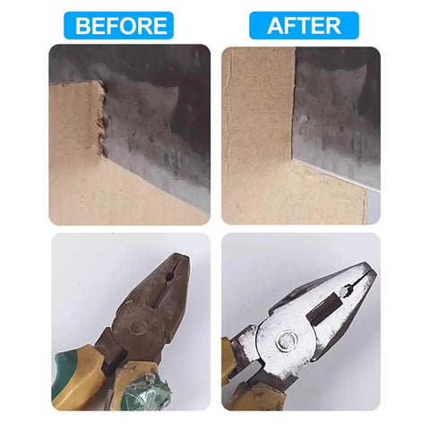 Before and after image showing polished edge refinement and tool maintenance with Kickass Compact Cordless Bench Grinder.