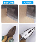 Kickass Cordless Bench Grinder Featuring Dual Coarse And Fine Wheels For Metal Polishing Sharpening And Rust Removal Before and after image of metal finish and pliers.