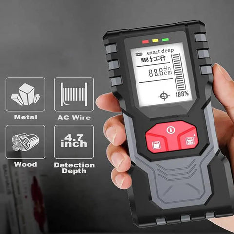 Nailed It Digital Stud Finder Wall Scanner in hand showing display features and detection options for DIY projects.