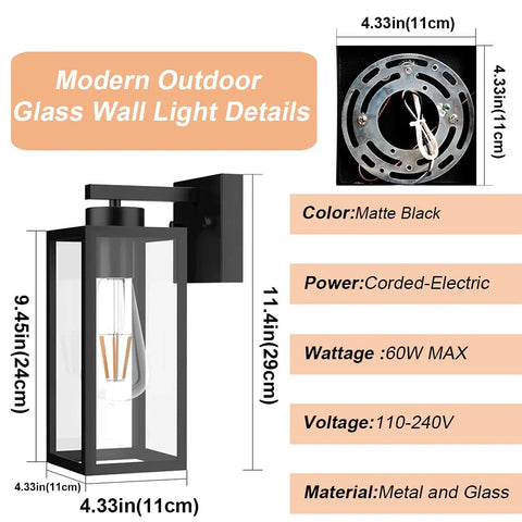 Two Pack Black Outdoor Wall Lanterns With Clear Glass Shade For Entryway Porch And Doorway Exterior Wall Sconces E26 Bulbs Included 2700K Dimmable With Compatible Dimmer, showing modern design with dimensions and material details.