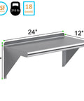 Stainless Steel Wall Shelf 24 Inch Long 12 Inch Deep with Bullnose Edge and 1 Inch Backsplash Beefy Built Kitchen Garage Shelving
