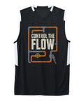 Slick Plumber Basketball Jersey Featuring Vintage Pipe And Valve Wrench Graphics On A Moisture Wicking V Neck, black with 'Control The Flow' print.