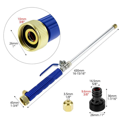 High Pressure Washer Wand With Adjustable Spray Tips and connectors shown with measurement details, universal hose compatibility.