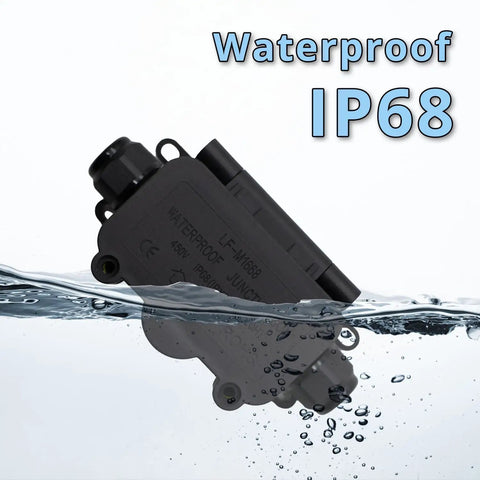 Rock Solid Mini Junction Box Outdoor Waterproof IP68 Rated Two Way Underground Electrical Splice Housing shown submerged in water.