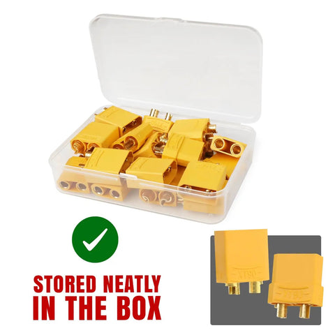 Rock Solid Xt90 Connector Plug Set Male And Female With Gold Plated Contacts High Temp Nylon For LiPo Batteries RC Drones FPV ESC and DIY Projects displayed in a clear storage box.
