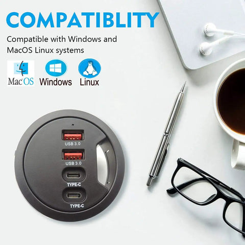 Fresh Desk Fit Grommet USB Hub Adapter With Two Type A Ports And Two Type C Connections For Blazing Five Gigabit Sync and compatibility with Windows and MacOS.
