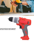 Zero Gimmicks Cordless Electric Drill With Dual Mode Rotation And 25 Adjustable Torsion For Serious Home Fixes and Pro Builds, red and gray drill close-up.
