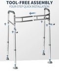 Heavy Duty Toilet Safety Rails Height Adjustable Foldable Frame Zero Hassle Setup For Seniors Handicap And Elderly Users Rigged Tough Holds Up To 350 Lbs showing tool-free assembly with adjustable height options.