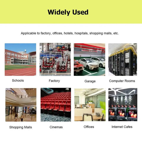 Image showing various environments such as schools, factories, garages, and offices where the 3.3 Foot Stainless Steel Wire Guard Raceway is used.