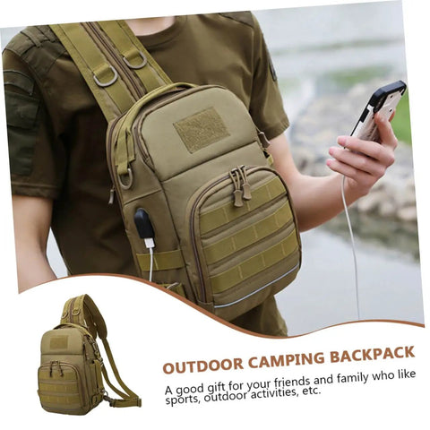 Person wearing Camouflage Oxford Cloth Outdoor Fishing Backpack With Large Capacity Tactical Hiking Daypack