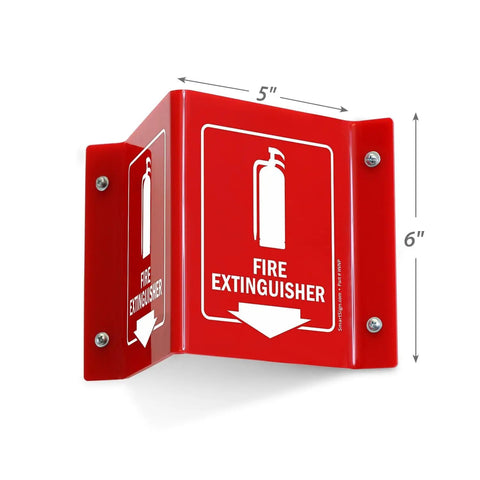 Projecting Fire Extinguisher Sign With Down Arrow, Two Sided Wall Mount Corridor V Sign, Polished Acrylic White On Red, 5 By 6 Inches