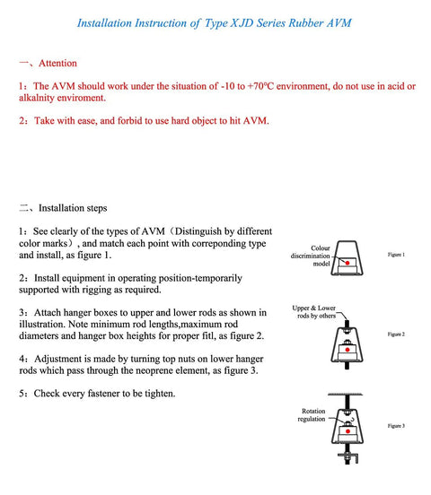 Installation instruction for Type XJD Series Rubber AVM with diagrams showing setup and adjustments for vibration isolators.