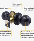4 Pack Privacy Door Knobs Matte Black Interior Passage Keyless Round Lockset for Bedroom and Bathroom with hardware detail