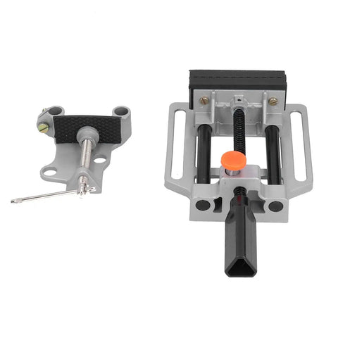 Beefy Clamp Press Vise For Drill Bench With Flat Push Clamping Stainless Steel 100mm Jaw Hand Operated Holding Tool For Precise Drilling Workbench Repair And Parts Securing shown front and side