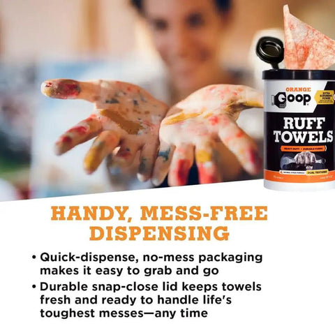 Person using Orange Heavy Duty Ruff Towels With Scrubbing Power 10 By 12 Inches Dual Textured Multi Purpose Cleaning Wipes for dirt on hands