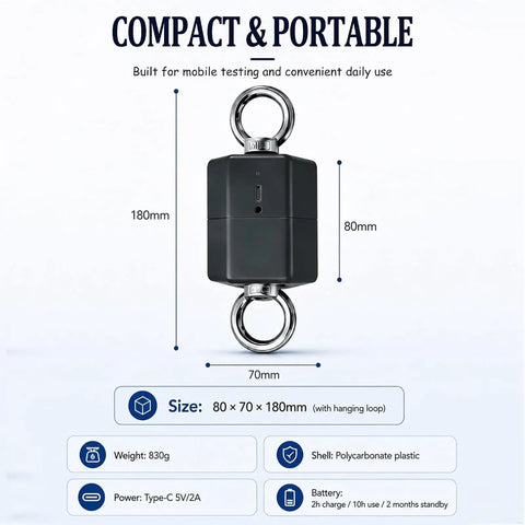 Professional Grade Isometric Strength Tester With Seamless Wireless Tracking and BeastMode Push Pull Dynamometer, compact size with hanging loops.