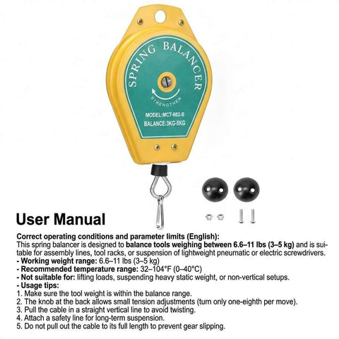 Heavy Duty Spring Balancer Set Two Pack 6.6 to 11 Lb Range Retractable Tool Fixture Holder with hook and manual.