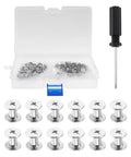 Fifty Pack Chicago Screws And Leather Rivets Featuring Phillips Cross Head Drive, stainless screws and storage box.