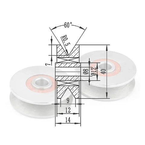 Heavy Duty Deep V Groove Sliding Gate Rollers With Slick Glide Action And Tight Track Fit For Smooth Operation showing 60-degree design and dimensions.