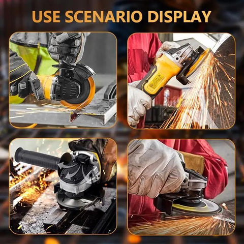 125mm Cordless Brushless Angle Grinder Kick Ass Power Tool in use for cutting metal with sparks flying.