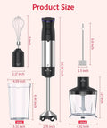 Dead Simple Total Powerhouse 5in1 Immersion Blender With 1200W Motor And 20 Speed Settings product size image displaying whisk, beaker, blade, and chopper dimensions.