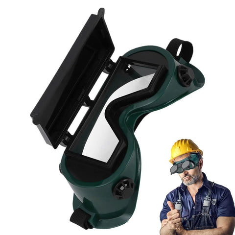 Heavy Duty Auto Darkening Welding Goggles With Snap Switch Lenses, open for use, protect eyes during arc cutting and grinding.