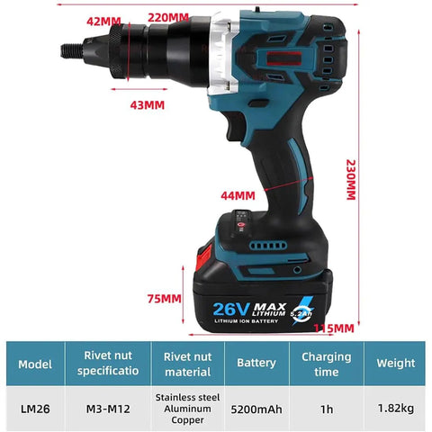 Tough As Nails Cordless Automatic Rivet Nut Gun Featuring 5200 Mah Battery And Precision Torque Settings For M3 Through M12 Iron Aluminum Project Fasteners side view with dimensions