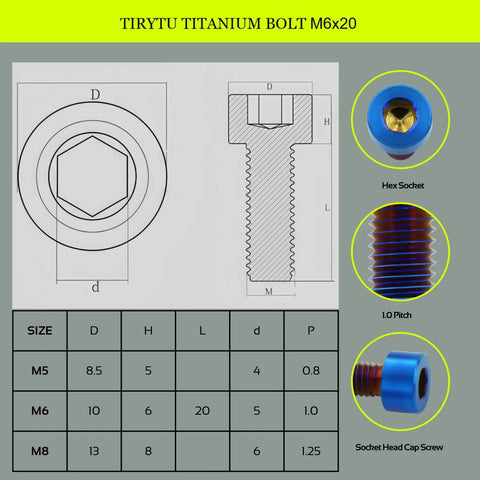 Ultra Lightweight M6x20 Grade 6 Titanium Hex Socket Cap Screws For Road And Gravel Bikes Burnt Blue Finish Ti6Al4V dimensions and features illustration.