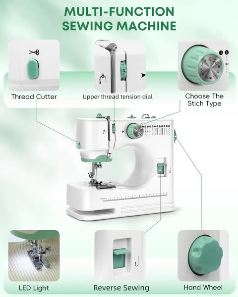 Solid Pick Portable Mini Sewing Machine For Beginners Featuring 12 Built In Stitches And Easy Hook Up Foot Pedal With A Complete 42 Piece Accessory Kit. Machine controls and features include thread cutter and hand wheel.