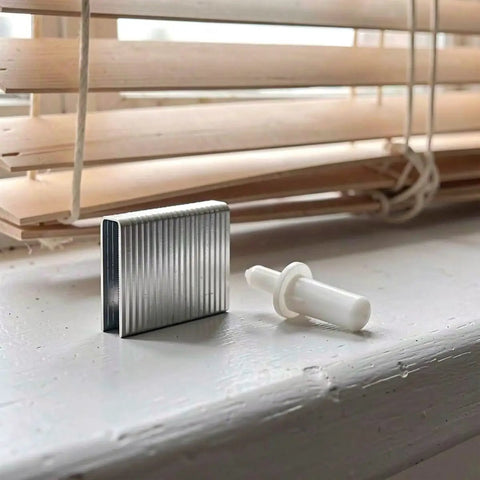 No Sweat Heavy Duty 30 Piece Shutter Tilt Rod Pins And Wooden Blind Hardware Repair Kit With Stainless Steel Fasteners For Interior Window Treatment White, showing silver pins and a white fastener.