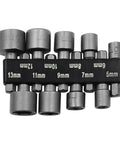 Workhorse 9 Piece Socket Sleeve Set Featuring Hexagonal Wrench Adapters And Pneumatic Extension Rods arranged by size from 5mm to 13mm.
