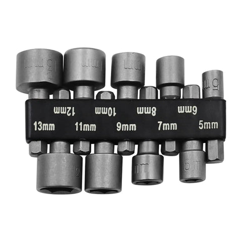 Workhorse 9 Piece Socket Sleeve Set Featuring Hexagonal Wrench Adapters And Pneumatic Extension Rods arranged by size from 5mm to 13mm.