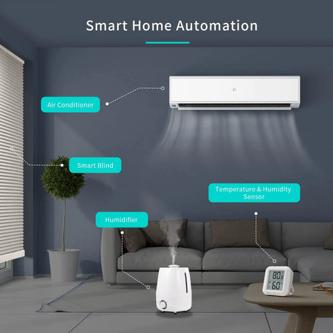 THIRDREALITY ZigBee temperature and humidity sensor (2-pack) with digital LCD display, shown with humidifier.