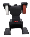 Cordless Mini Bench Grinder With Dual Grinding Discs And Kickass Copper Motor For Heavy Metalworking And Smooth Sharpening Zero Plug Hassle Portable Power Tool with red and white discs.