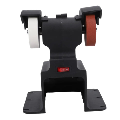 Cordless Mini Bench Grinder With Dual Grinding Discs And Kickass Copper Motor For Heavy Metalworking And Smooth Sharpening Zero Plug Hassle Portable Power Tool with red and white discs.