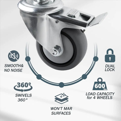 Heavy Duty 3 Inch Threaded Stem Caster Wheels Set of 4 with Brakes 600 Lbs Load Non Marring TPR Rubber features dual lock and 360° swivel.