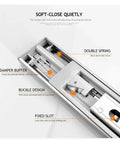 Rock Solid Heavy Duty Soft Close Drawer Slides Kit For Cabinets And Furniture, stainless steel close-up showing components, 3-section side mounting system.