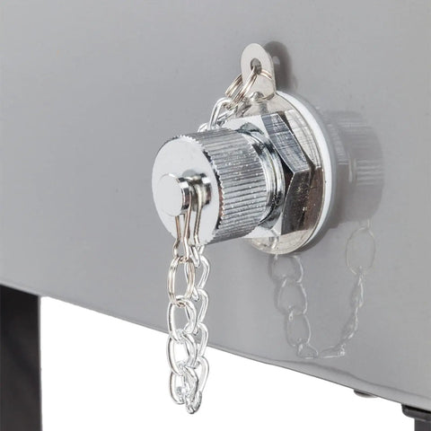 Close-up of the drainage plug on Outdoor Beverage Cooler Cart On Wheels 80 Qt Ice Chest With Iron Foot Tube Refrigeration And Insulation